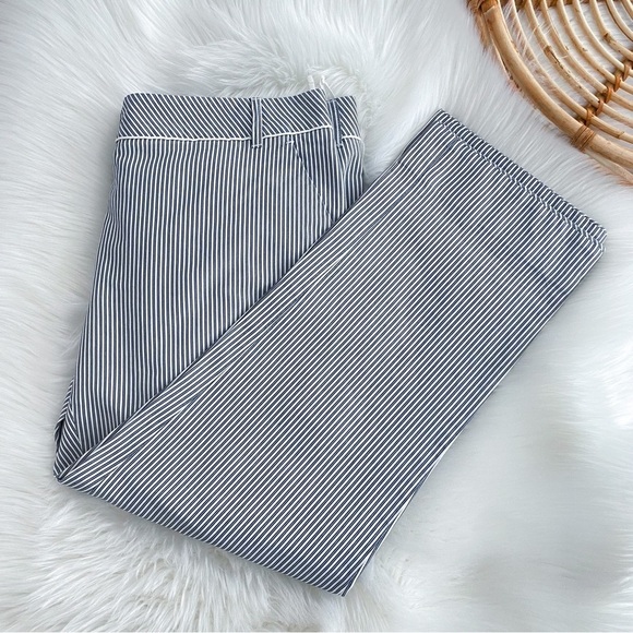 MaxMara Stripe Straight Leg Pants Trousers Silk Cotton Blend Crop Cream Blue - Picture 3 of 14